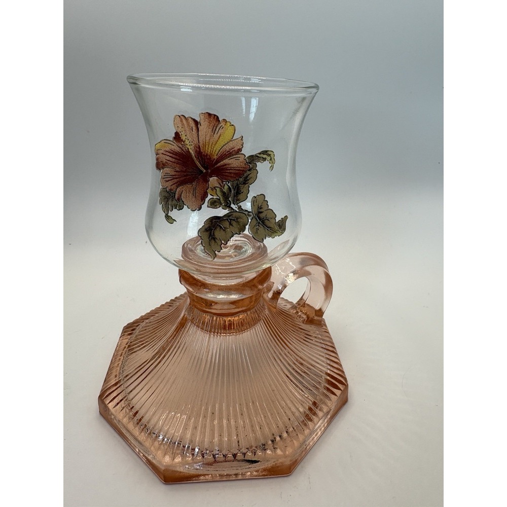 Vintage L.E. Smith Pink Glass Mini Hurricane Candle Holder Hibiscus 5"